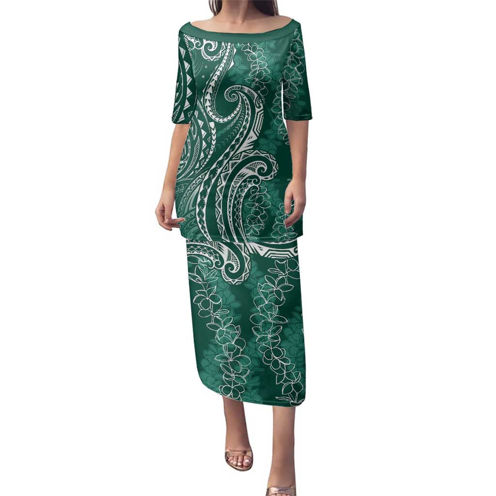 Polynesia Plumeria Lei Family Matching Puletasi and Hawaiian Shirt Sage Green Curves Motif