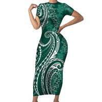 Polynesia Plumeria Lei Family Matching Short Sleeve Bodycon Dress and Hawaiian Shirt Sage Green Curves Motif LT7 Mom's Dress Dark Green - Polynesian Pride