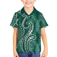 Polynesia Plumeria Lei Family Matching Short Sleeve Bodycon Dress and Hawaiian Shirt Sage Green Curves Motif LT7 Son's Shirt Dark Green - Polynesian Pride