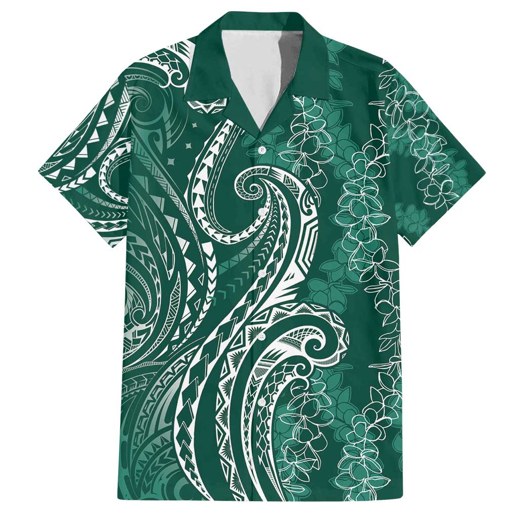 Polynesia Plumeria Lei Family Matching Summer Maxi Dress and Hawaiian Shirt Sage Green Curves Motif LT7 Dad's Shirt - Short Sleeve Dark Green - Polynesian Pride