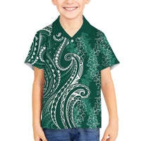 Polynesia Plumeria Lei Family Matching Summer Maxi Dress and Hawaiian Shirt Sage Green Curves Motif LT7 Son's Shirt Dark Green - Polynesian Pride