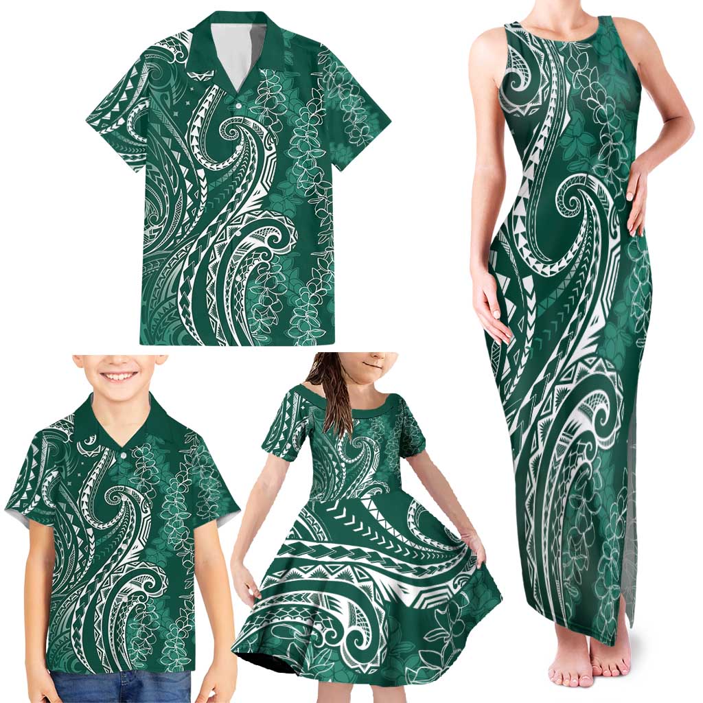 Polynesia Plumeria Lei Family Matching Tank Maxi Dress and Hawaiian Shirt Sage Green Curves Motif LT7 - Polynesian Pride