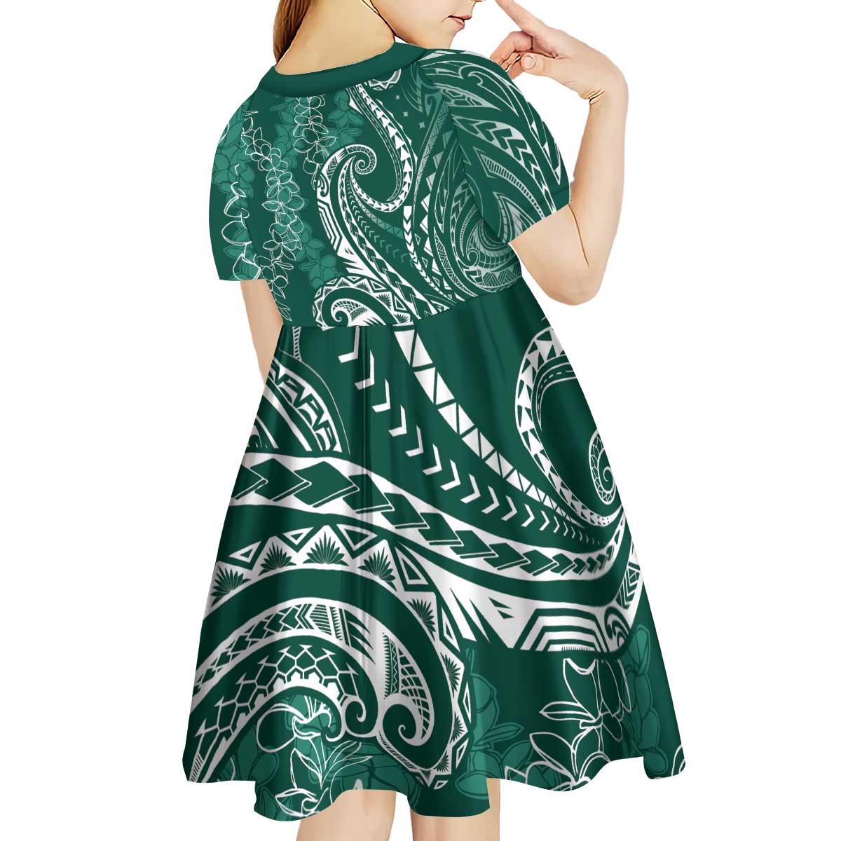 Polynesia Plumeria Lei Kid Short Sleeve Dress Sage Green Curves Motif