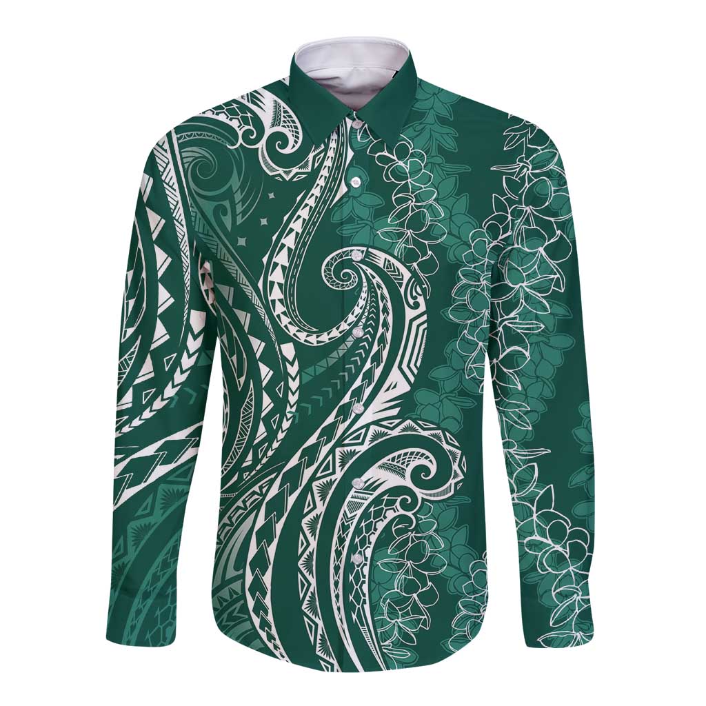 Polynesia Plumeria Lei Long Sleeve Button Shirt Sage Green Curves Motif