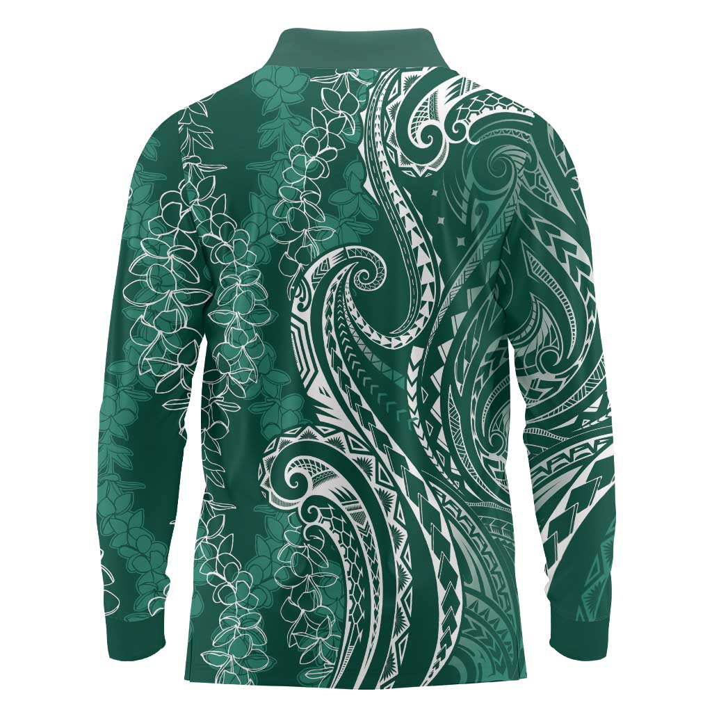 Polynesia Plumeria Lei Long Sleeve Polo Shirt Sage Green Curves Motif