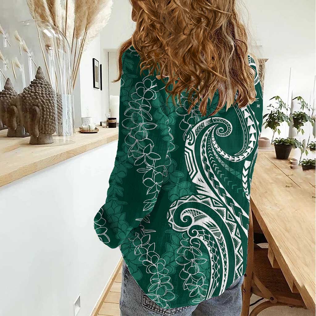 Polynesia Plumeria Lei Women Casual Shirt Sage Green Curves Motif