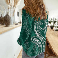 Polynesia Plumeria Lei Women Casual Shirt Sage Green Curves Motif