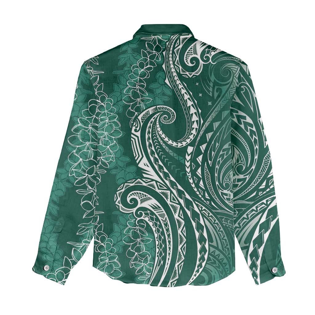 Polynesia Plumeria Lei Women Casual Shirt Sage Green Curves Motif