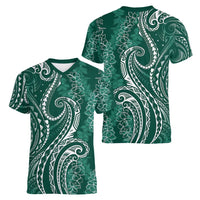 Polynesia Plumeria Lei Women V-Neck T-Shirt Sage Green Curves Motif