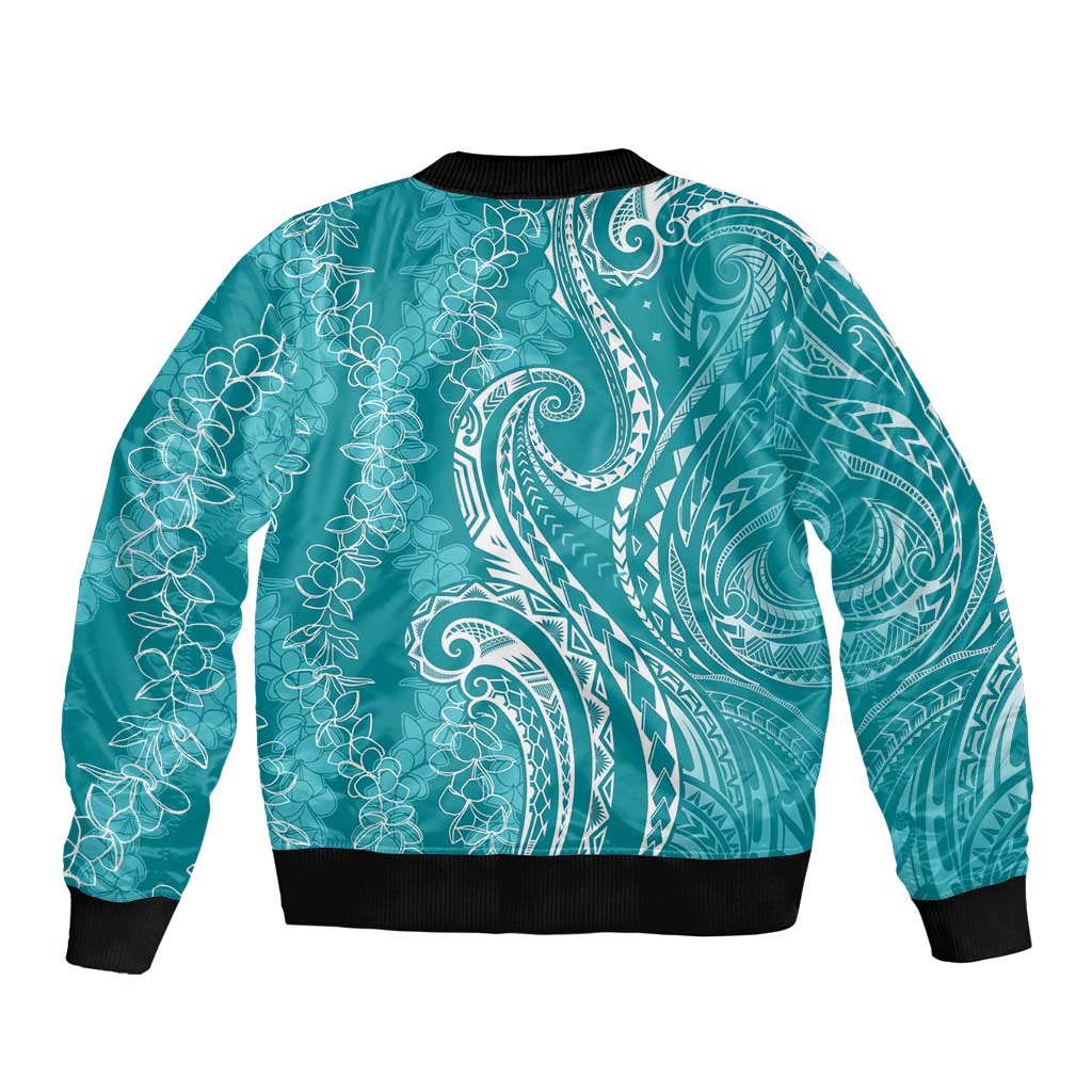 Polynesia Plumeria Lei Bomber Jacket Teal Curves Motif