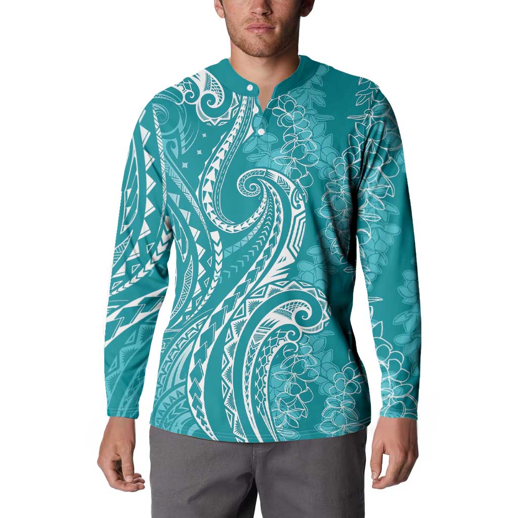 Polynesia Plumeria Lei Button Sweatshirt Teal Curves Motif