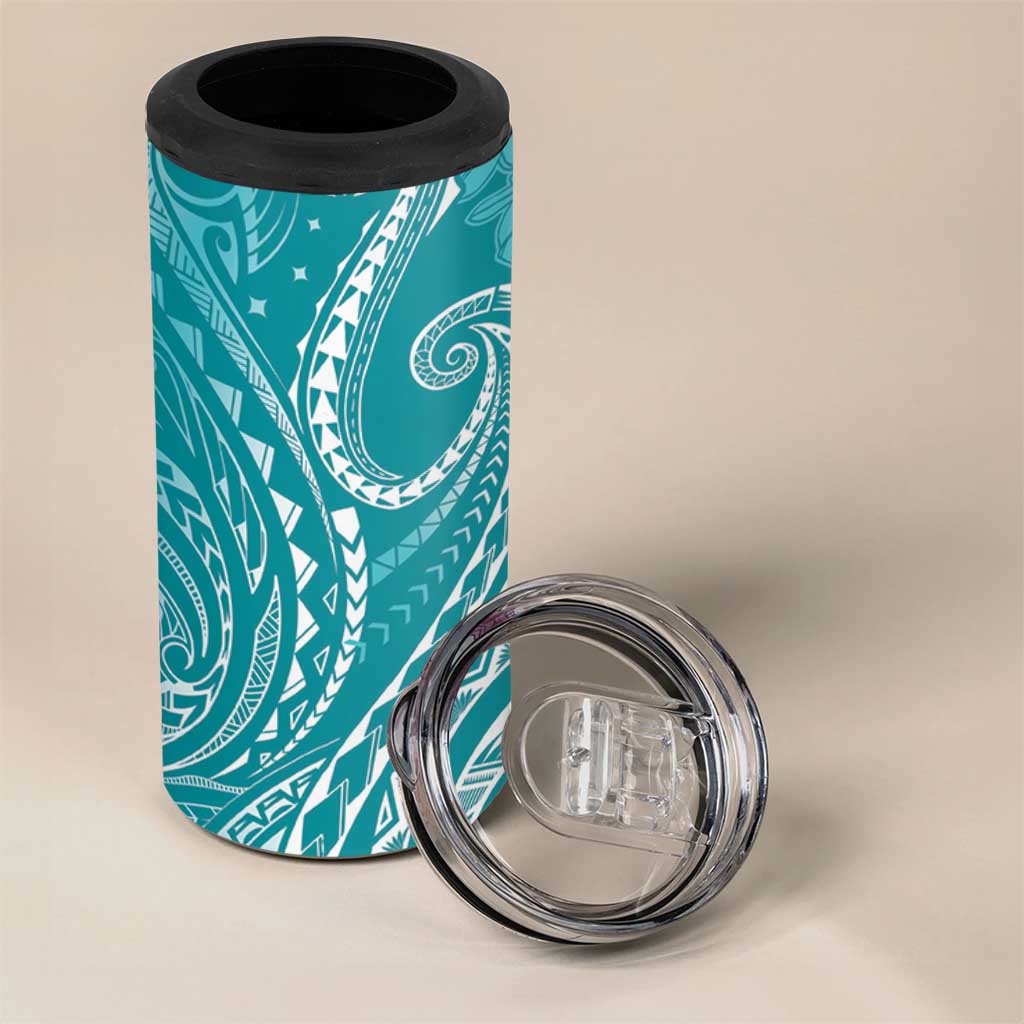 Polynesia Plumeria Lei 4 in 1 Can Cooler Tumbler Teal Curves Motif