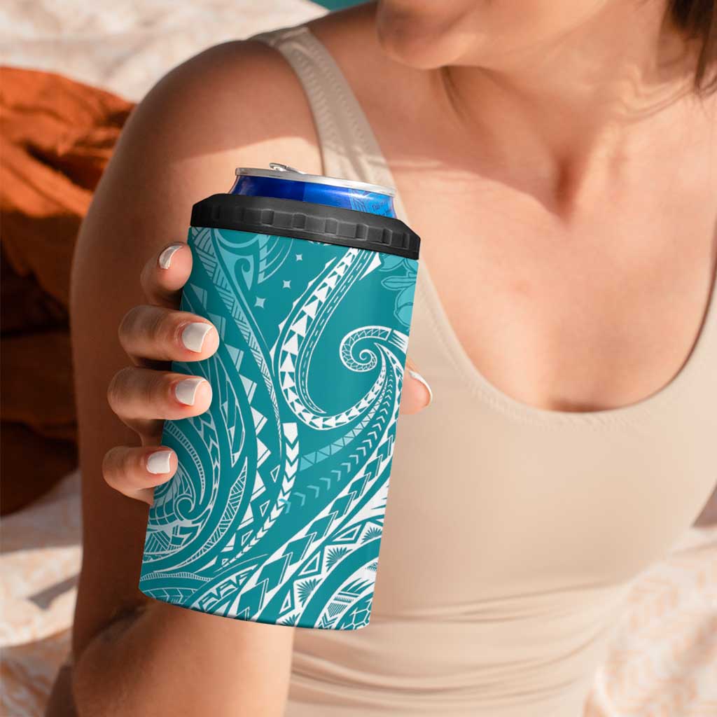 Polynesia Plumeria Lei 4 in 1 Can Cooler Tumbler Teal Curves Motif