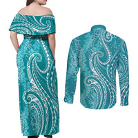 Polynesia Plumeria Lei Couples Matching Off Shoulder Maxi Dress and Long Sleeve Button Shirt Teal Curves Motif