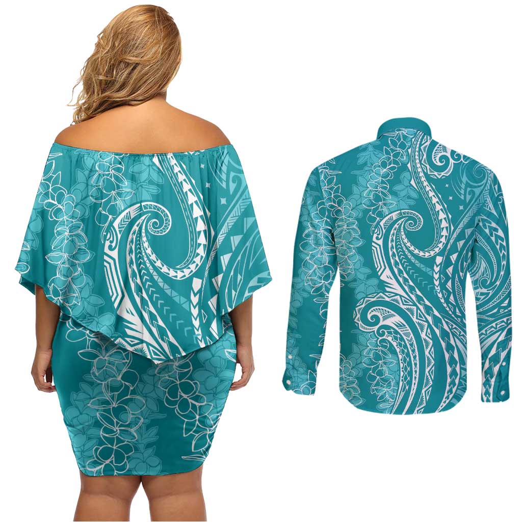 Polynesia Plumeria Lei Couples Matching Off Shoulder Short Dress and Long Sleeve Button Shirt Teal Curves Motif