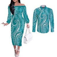 Polynesia Plumeria Lei Couples Matching Off The Shoulder Long Sleeve Dress and Long Sleeve Button Shirt Teal Curves Motif