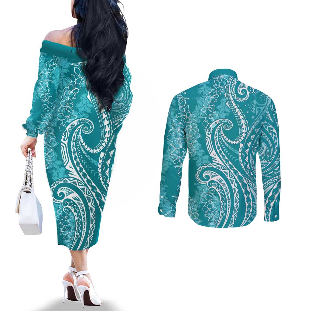 Polynesia Plumeria Lei Couples Matching Off The Shoulder Long Sleeve Dress and Long Sleeve Button Shirt Teal Curves Motif