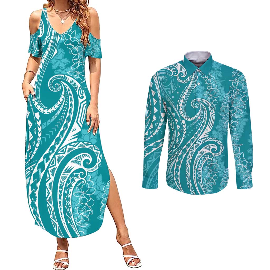 Polynesia Plumeria Lei Couples Matching Summer Maxi Dress and Long Sleeve Button Shirt Teal Curves Motif