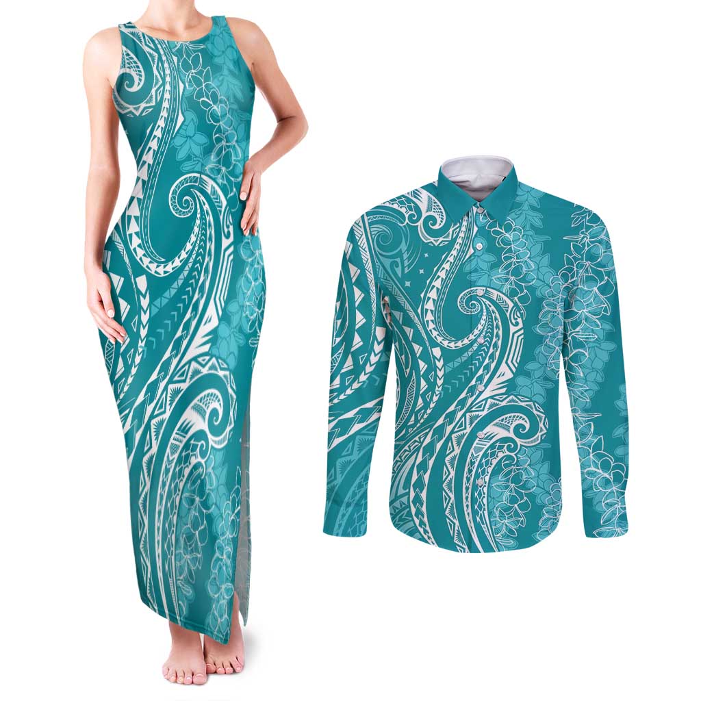 Polynesia Plumeria Lei Couples Matching Tank Maxi Dress and Long Sleeve Button Shirt Teal Curves Motif