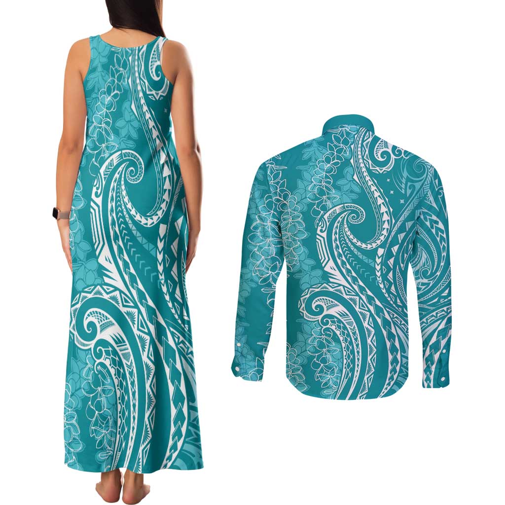 Polynesia Plumeria Lei Couples Matching Tank Maxi Dress and Long Sleeve Button Shirt Teal Curves Motif