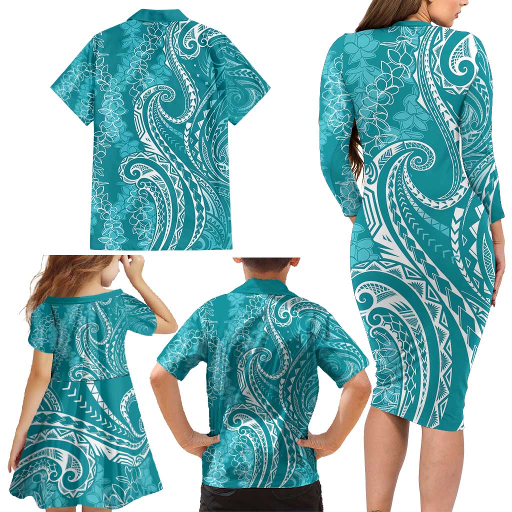 Polynesia Plumeria Lei Family Matching Long Sleeve Bodycon Dress and Hawaiian Shirt Teal Curves Motif LT7 - Polynesian Pride
