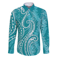 Polynesia Plumeria Lei Family Matching Long Sleeve Bodycon Dress and Hawaiian Shirt Teal Curves Motif LT7 Dad's Shirt - Long Sleeve Teal - Polynesian Pride