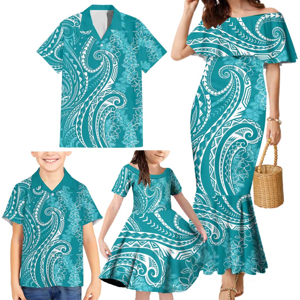 Polynesia Plumeria Lei Family Matching Mermaid Dress and Hawaiian Shirt Teal Curves Motif LT7 - Polynesian Pride