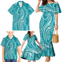 Polynesia Plumeria Lei Family Matching Mermaid Dress and Hawaiian Shirt Teal Curves Motif LT7 - Polynesian Pride