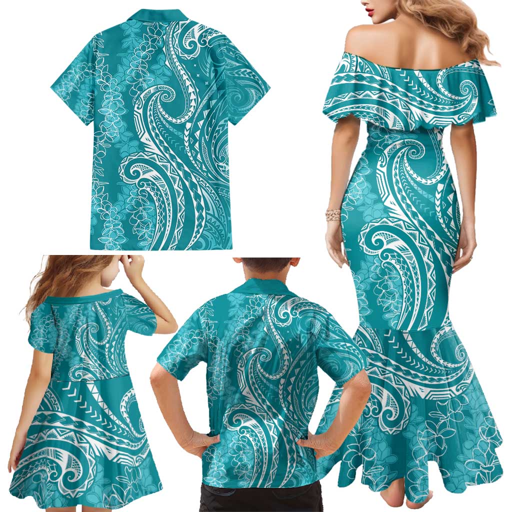 Polynesia Plumeria Lei Family Matching Mermaid Dress and Hawaiian Shirt Teal Curves Motif LT7 - Polynesian Pride