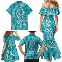 Polynesia Plumeria Lei Family Matching Mermaid Dress and Hawaiian Shirt Teal Curves Motif LT7 - Polynesian Pride