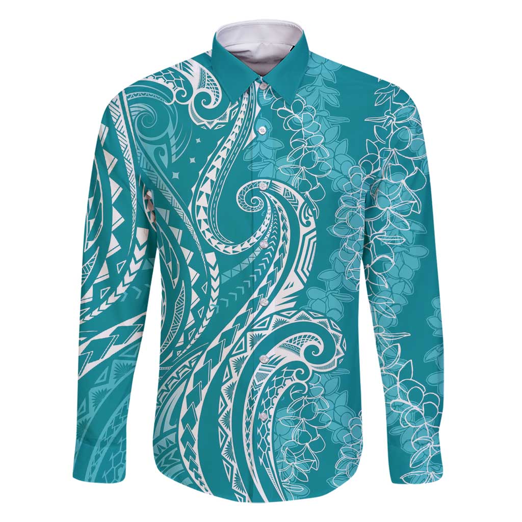 Polynesia Plumeria Lei Family Matching Mermaid Dress and Hawaiian Shirt Teal Curves Motif LT7 Dad's Shirt - Long Sleeve Teal - Polynesian Pride