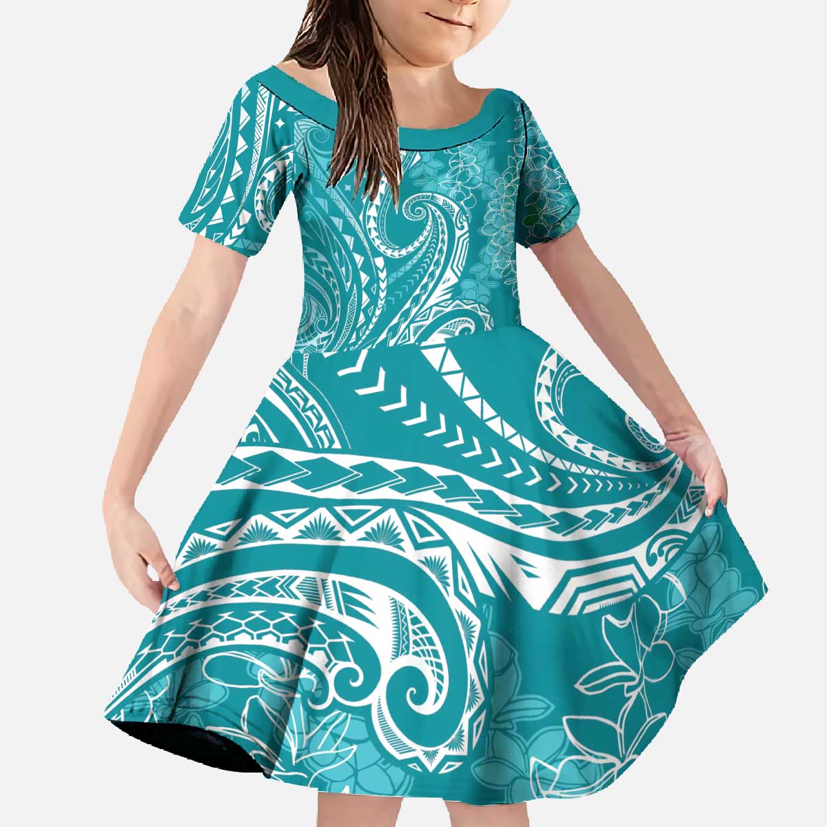 Polynesia Plumeria Lei Family Matching Off The Shoulder Long Sleeve Dress and Hawaiian Shirt Teal Curves Motif LT7 Daughter's Dress Teal - Polynesian Pride