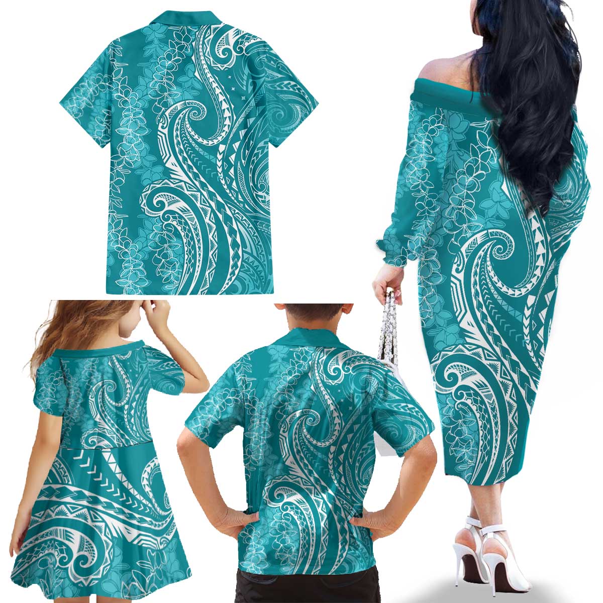 Polynesia Plumeria Lei Family Matching Off The Shoulder Long Sleeve Dress and Hawaiian Shirt Teal Curves Motif LT7 - Polynesian Pride