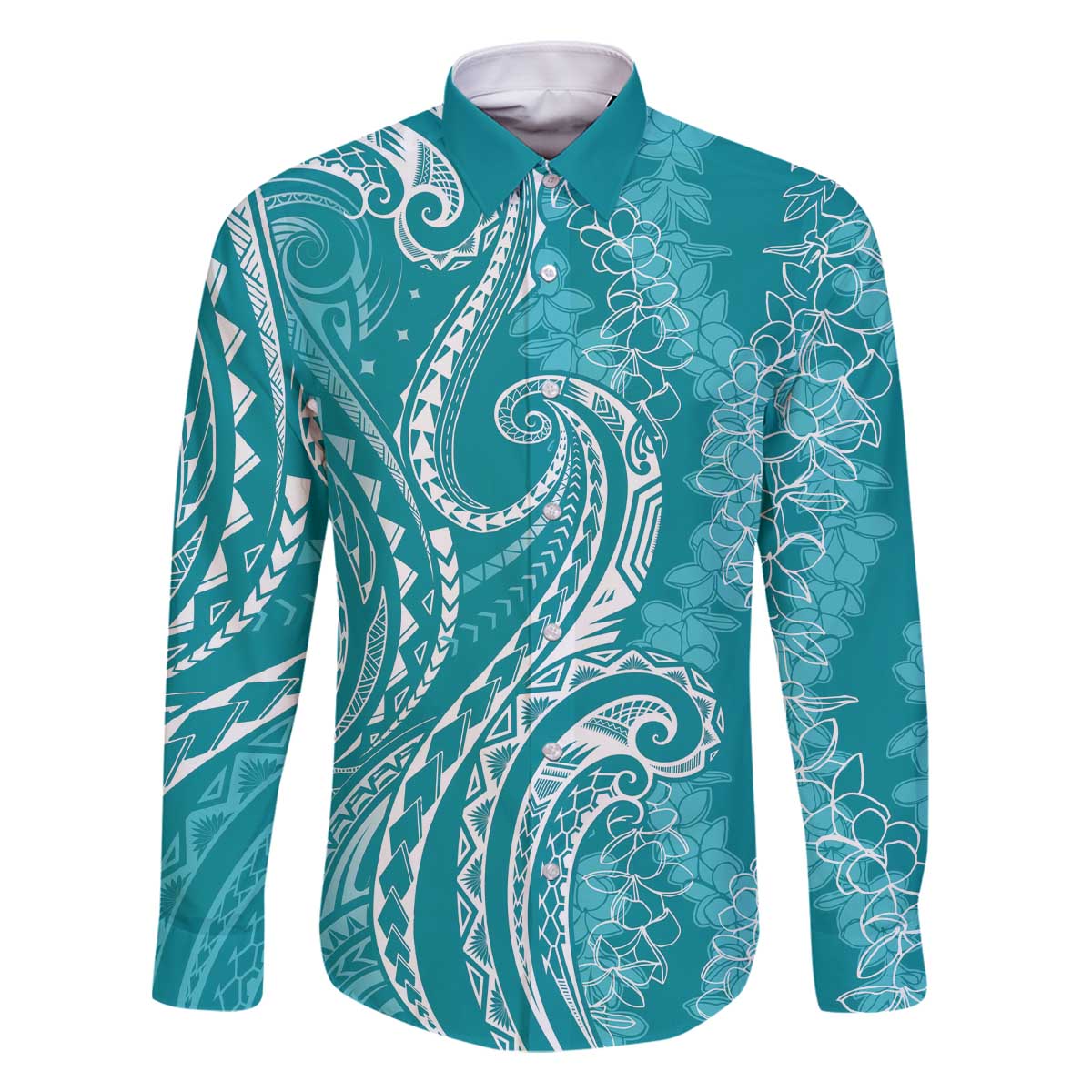 Polynesia Plumeria Lei Family Matching Off The Shoulder Long Sleeve Dress and Hawaiian Shirt Teal Curves Motif LT7 Dad's Shirt - Long Sleeve Teal - Polynesian Pride