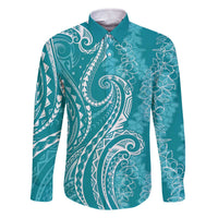 Polynesia Plumeria Lei Family Matching Off The Shoulder Long Sleeve Dress and Hawaiian Shirt Teal Curves Motif LT7 Dad's Shirt - Long Sleeve Teal - Polynesian Pride
