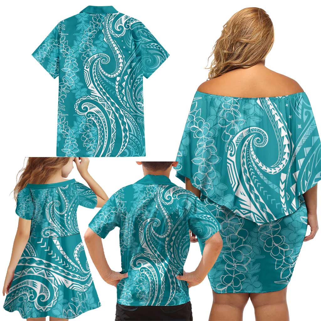 Polynesia Plumeria Lei Family Matching Off Shoulder Short Dress and Hawaiian Shirt Teal Curves Motif LT7 - Polynesian Pride