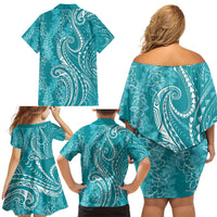 Polynesia Plumeria Lei Family Matching Off Shoulder Short Dress and Hawaiian Shirt Teal Curves Motif LT7 - Polynesian Pride
