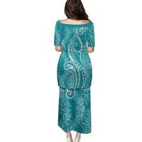 Polynesia Plumeria Lei Family Matching Puletasi and Hawaiian Shirt Teal Curves Motif