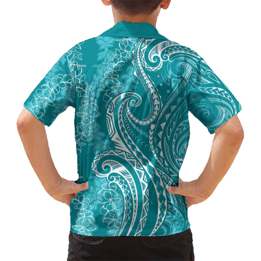 Polynesia Plumeria Lei Family Matching Short Sleeve Bodycon Dress and Hawaiian Shirt Teal Curves Motif LT7 - Polynesian Pride