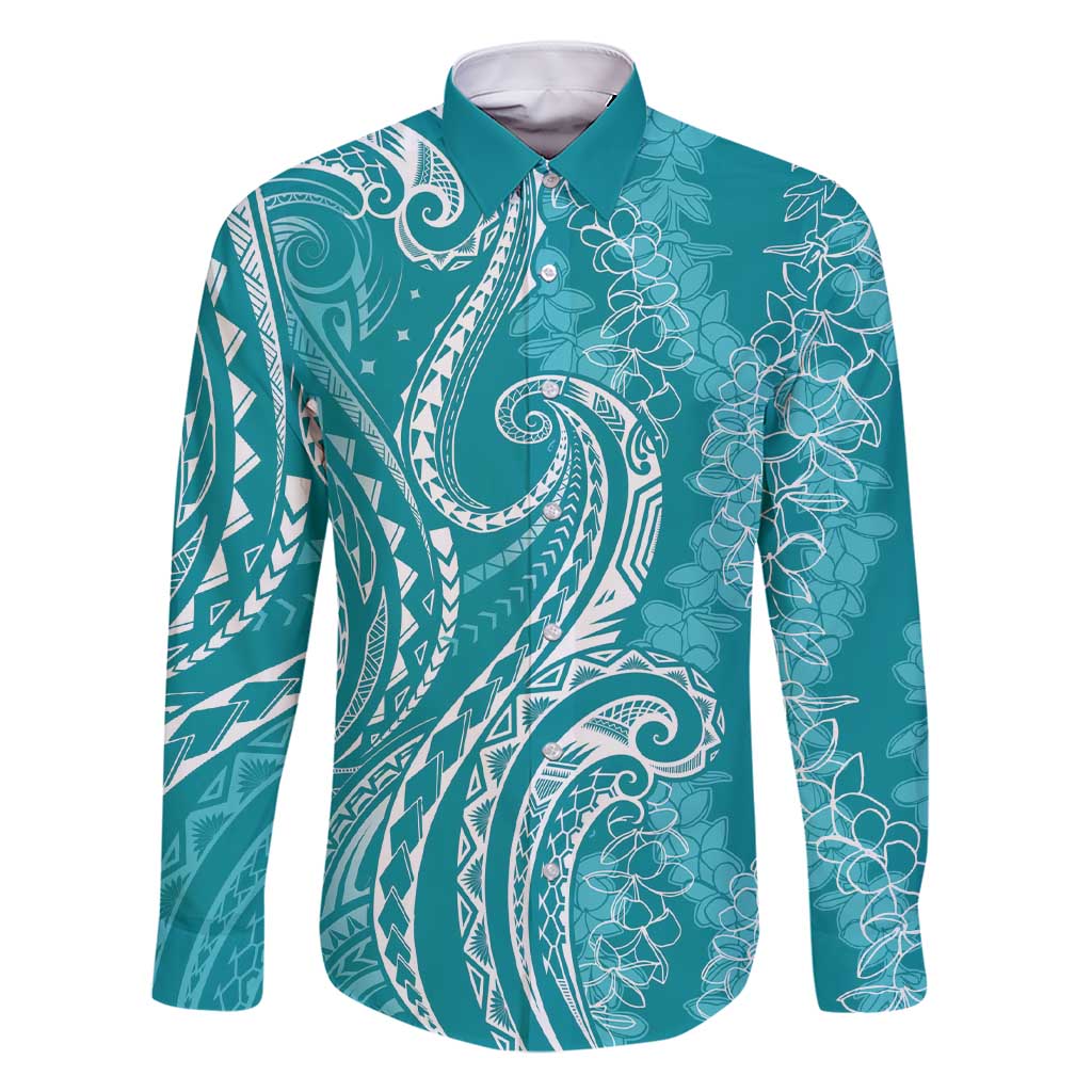 Polynesia Plumeria Lei Family Matching Short Sleeve Bodycon Dress and Hawaiian Shirt Teal Curves Motif LT7 Dad's Shirt - Long Sleeve Teal - Polynesian Pride