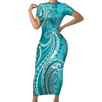 Polynesia Plumeria Lei Family Matching Short Sleeve Bodycon Dress and Hawaiian Shirt Teal Curves Motif LT7 Mom's Dress Teal - Polynesian Pride