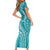 Polynesia Plumeria Lei Family Matching Short Sleeve Bodycon Dress and Hawaiian Shirt Teal Curves Motif