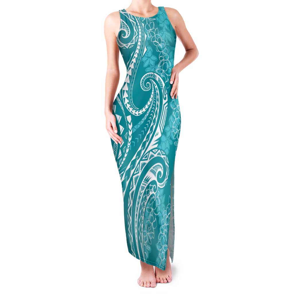 Polynesia Plumeria Lei Family Matching Tank Maxi Dress and Hawaiian Shirt Teal Curves Motif LT7 Mom's Dress Teal - Polynesian Pride