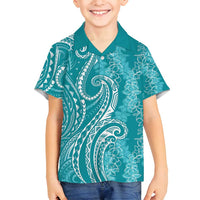 Polynesia Plumeria Lei Family Matching Tank Maxi Dress and Hawaiian Shirt Teal Curves Motif LT7 Son's Shirt Teal - Polynesian Pride