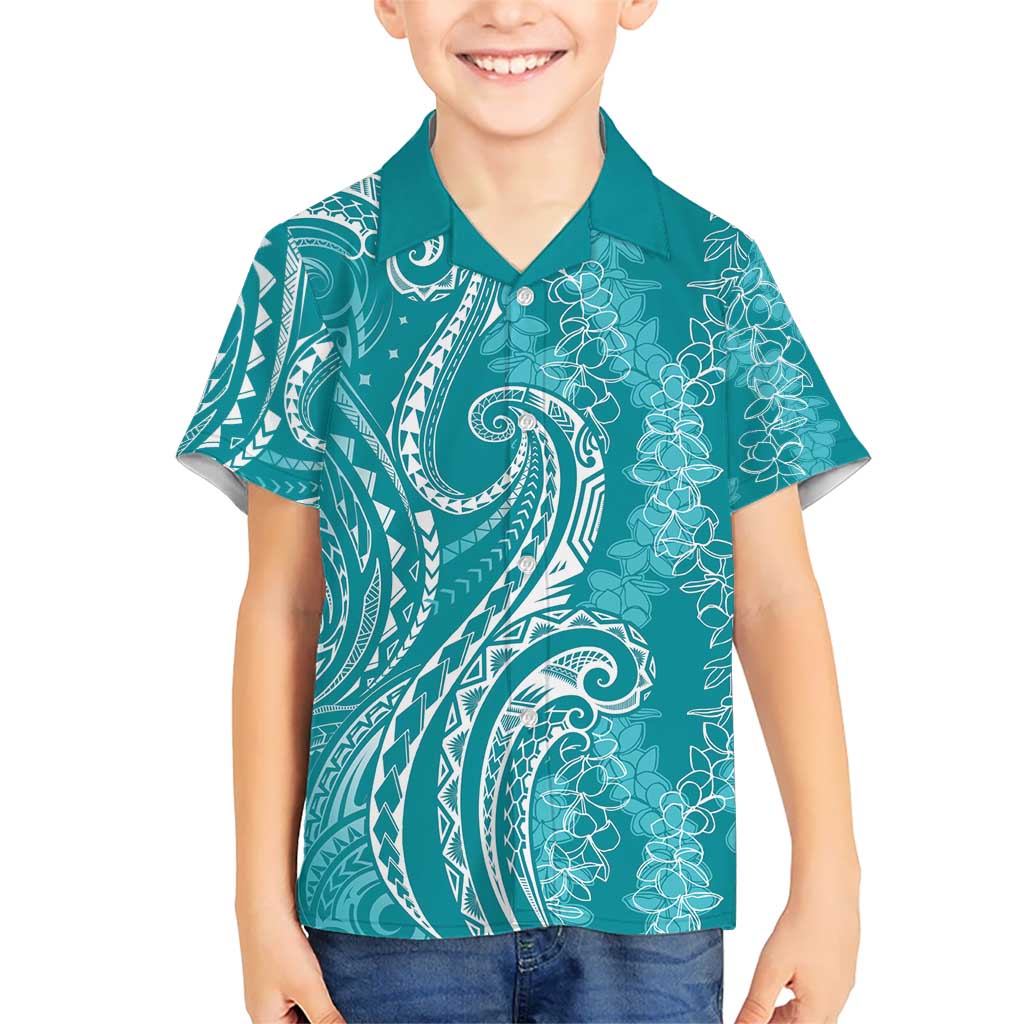 Polynesia Plumeria Lei Kid Hawaiian Shirt Teal Curves Motif