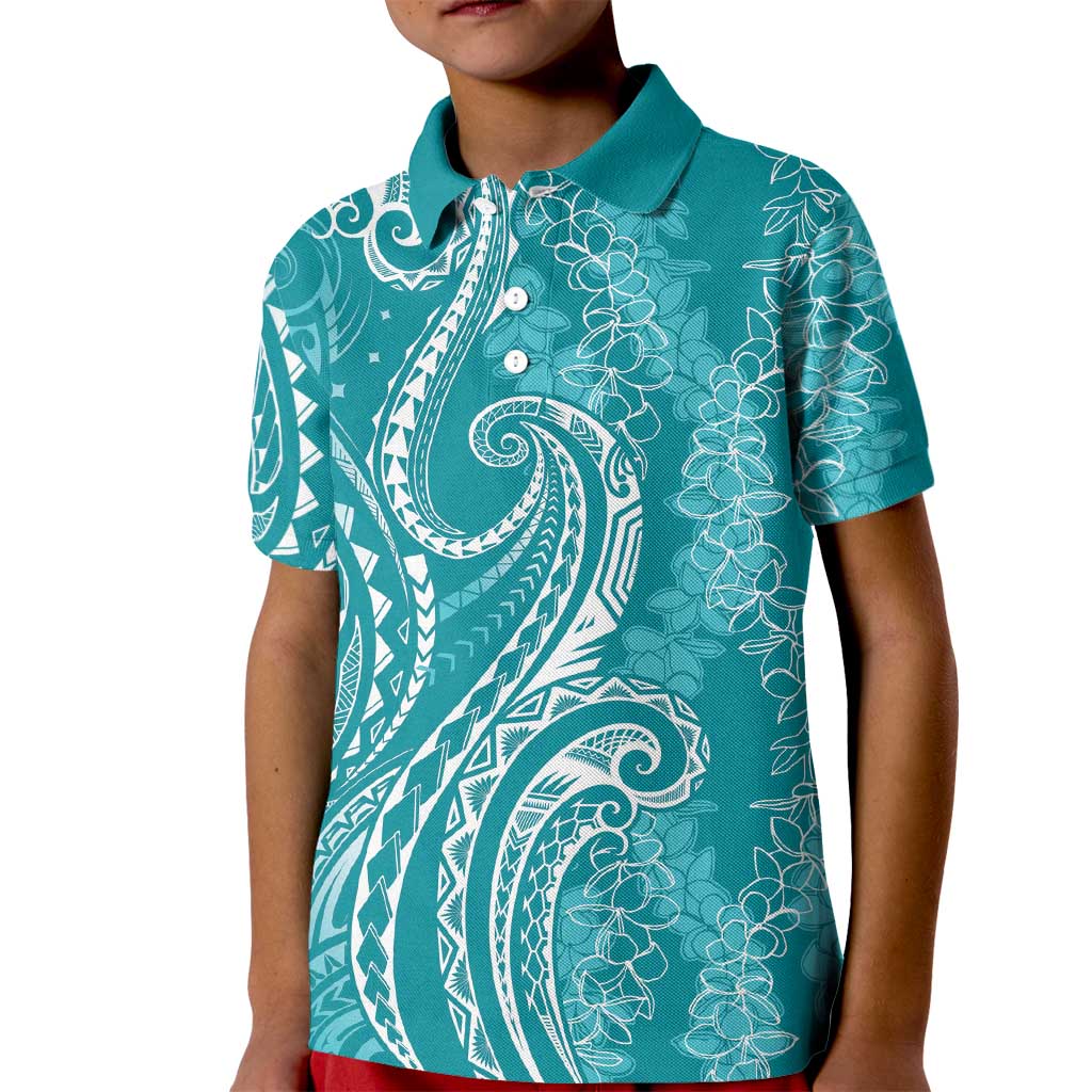 Polynesia Plumeria Lei Kid Polo Shirt Teal Curves Motif