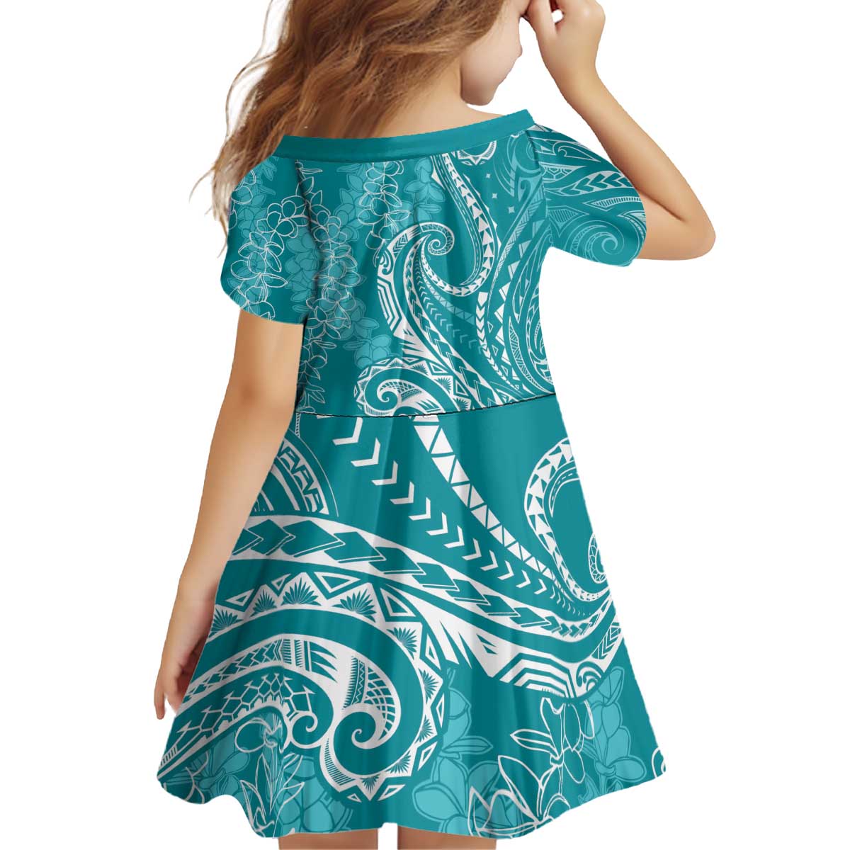 Polynesia Plumeria Lei Kid Short Sleeve Dress Teal Curves Motif