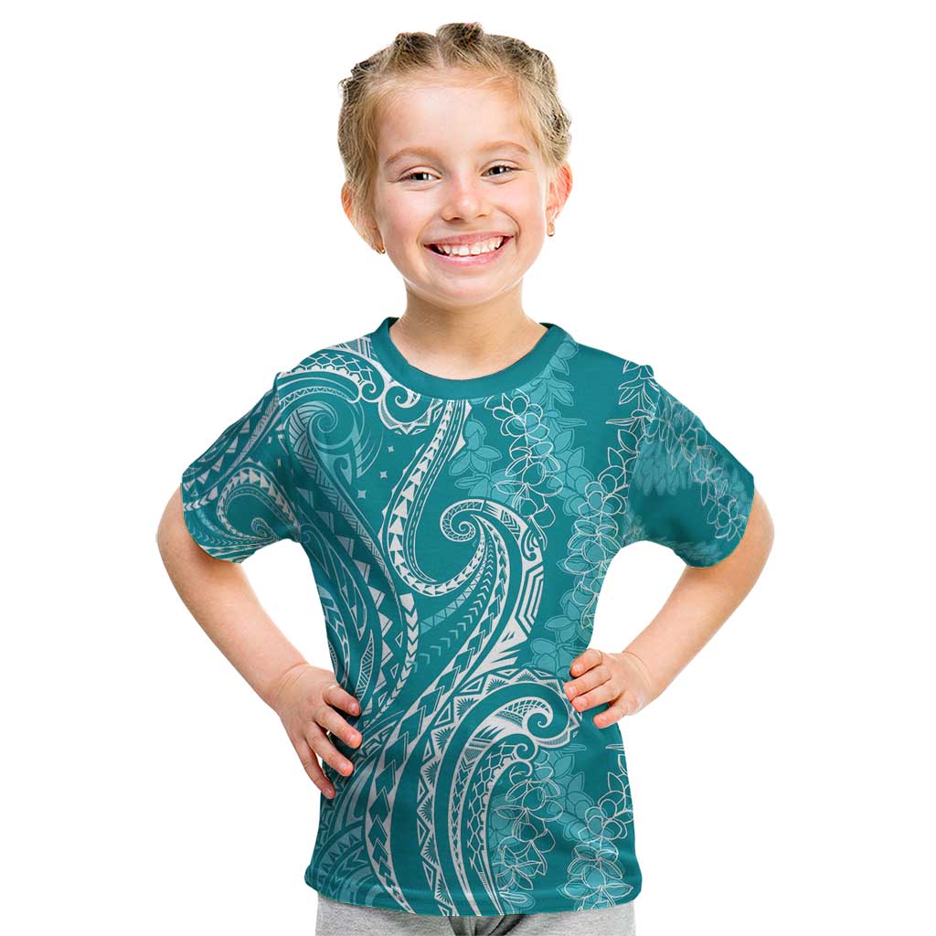 Polynesia Plumeria Lei Kid T Shirt Teal Curves Motif