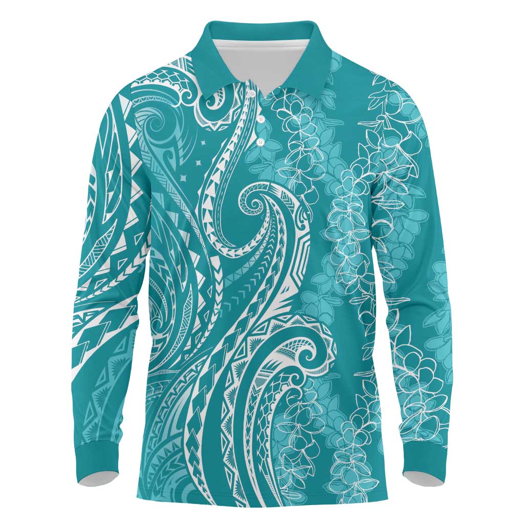 Polynesia Plumeria Lei Long Sleeve Polo Shirt Teal Curves Motif