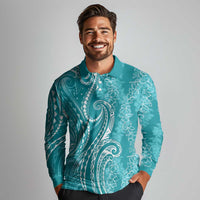 Polynesia Plumeria Lei Long Sleeve Polo Shirt Teal Curves Motif
